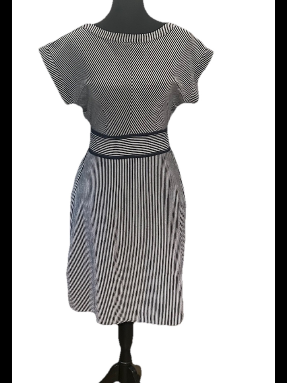 Monteau Blue White Striped Belted Round Neck Short Sleeve Knee Length Dress S
